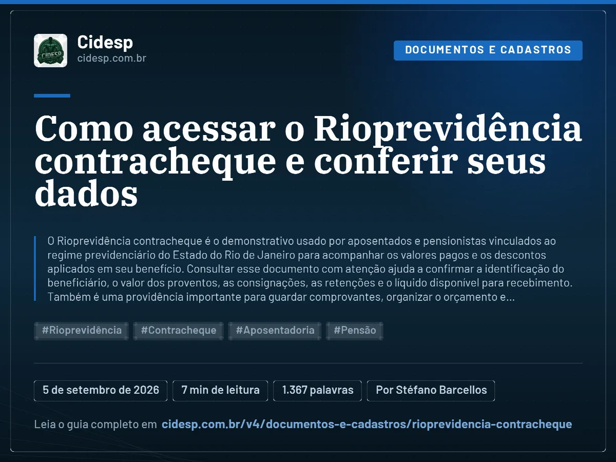 Cartão do artigo “Como acessar o Rioprevidência contracheque e conferir seus dados”, com resumo, data de publicação e endereço da página.