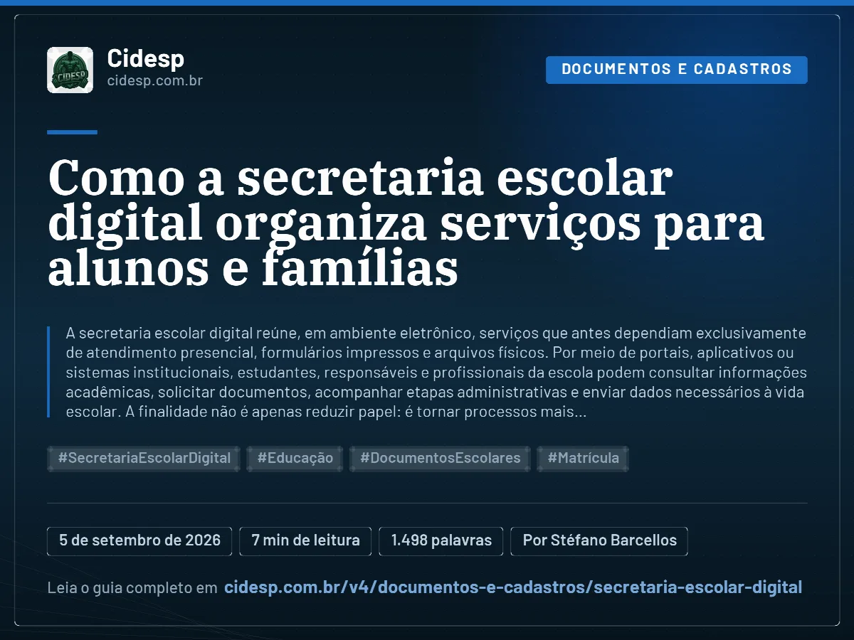Cartão do artigo “Como a secretaria escolar digital organiza serviços para alunos e famílias”, com resumo, data de publicação e endereço da página.