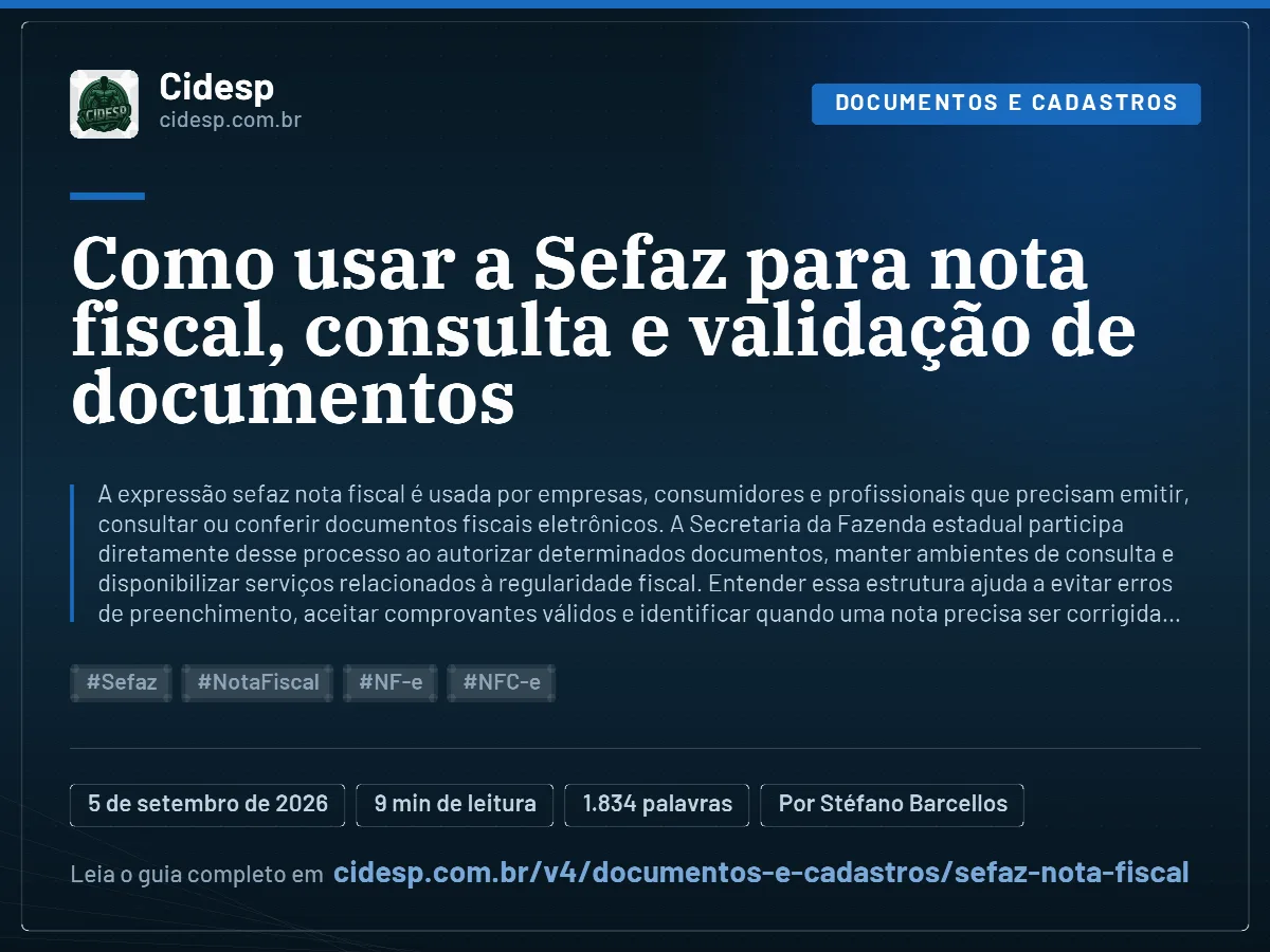 Cartão do artigo “Como usar a Sefaz para nota fiscal, consulta e validação de documentos”, com resumo, data de publicação e endereço da página.