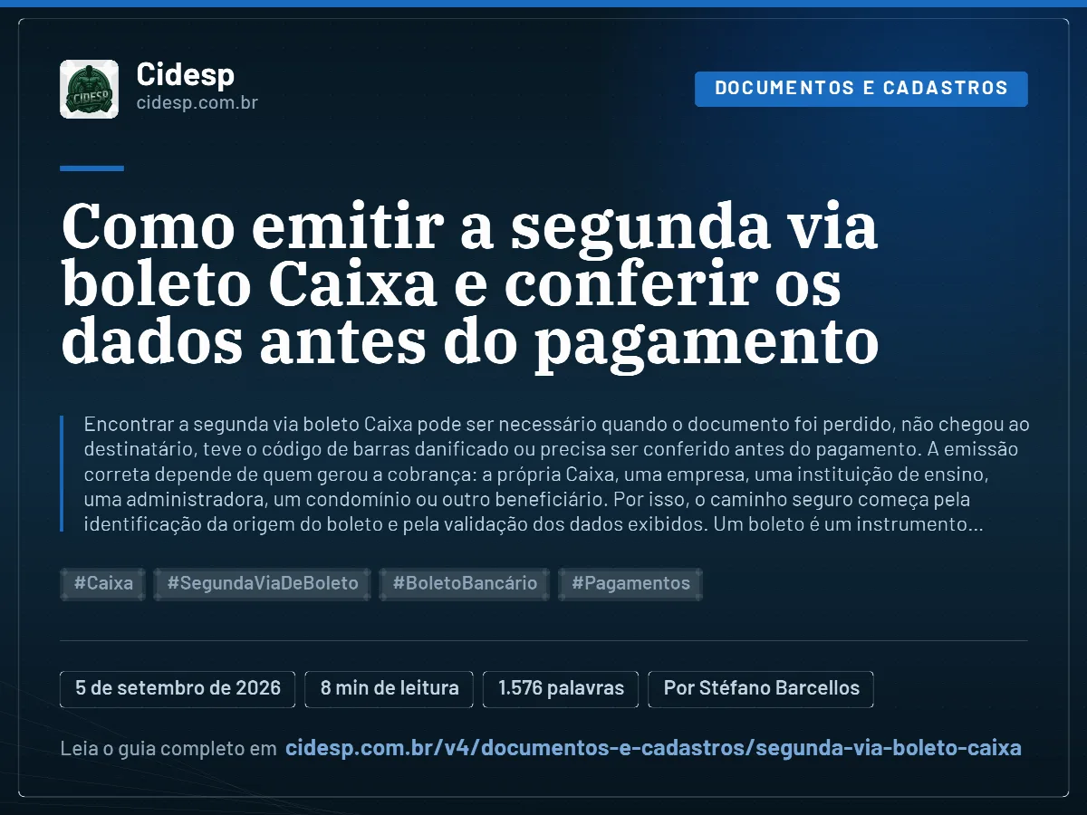 Cartão do artigo “Como emitir a segunda via boleto Caixa e conferir os dados antes do pagamento”, com resumo, data de publicação e endereço da página.