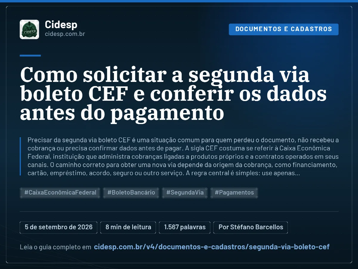 Cartão do artigo “Como solicitar a segunda via boleto CEF e conferir os dados antes do pagamento”, com resumo, data de publicação e endereço da página.
