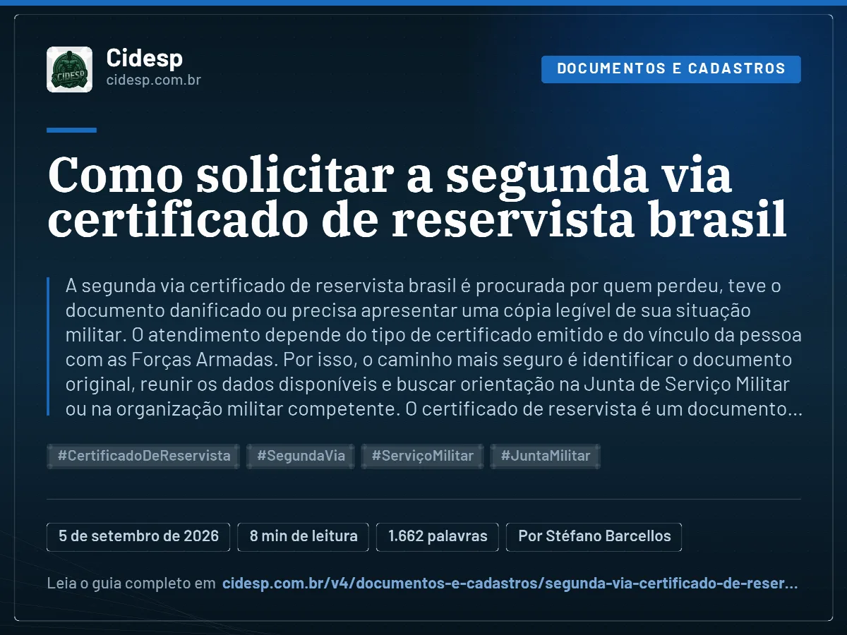 Cartão do artigo “Como solicitar a segunda via certificado de reservista brasil”, com resumo, data de publicação e endereço da página.