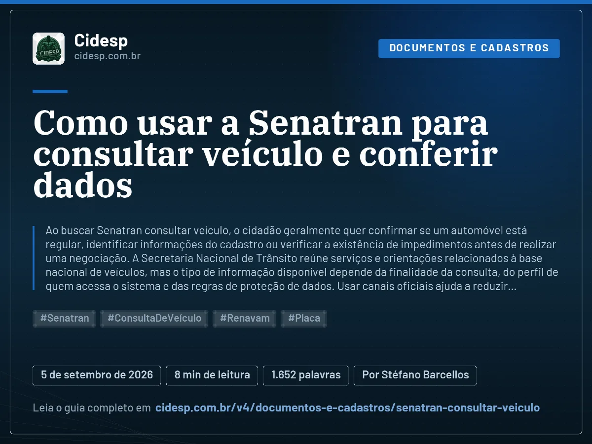 Cartão do artigo “Como usar a Senatran para consultar veículo e conferir dados”, com resumo, data de publicação e endereço da página.