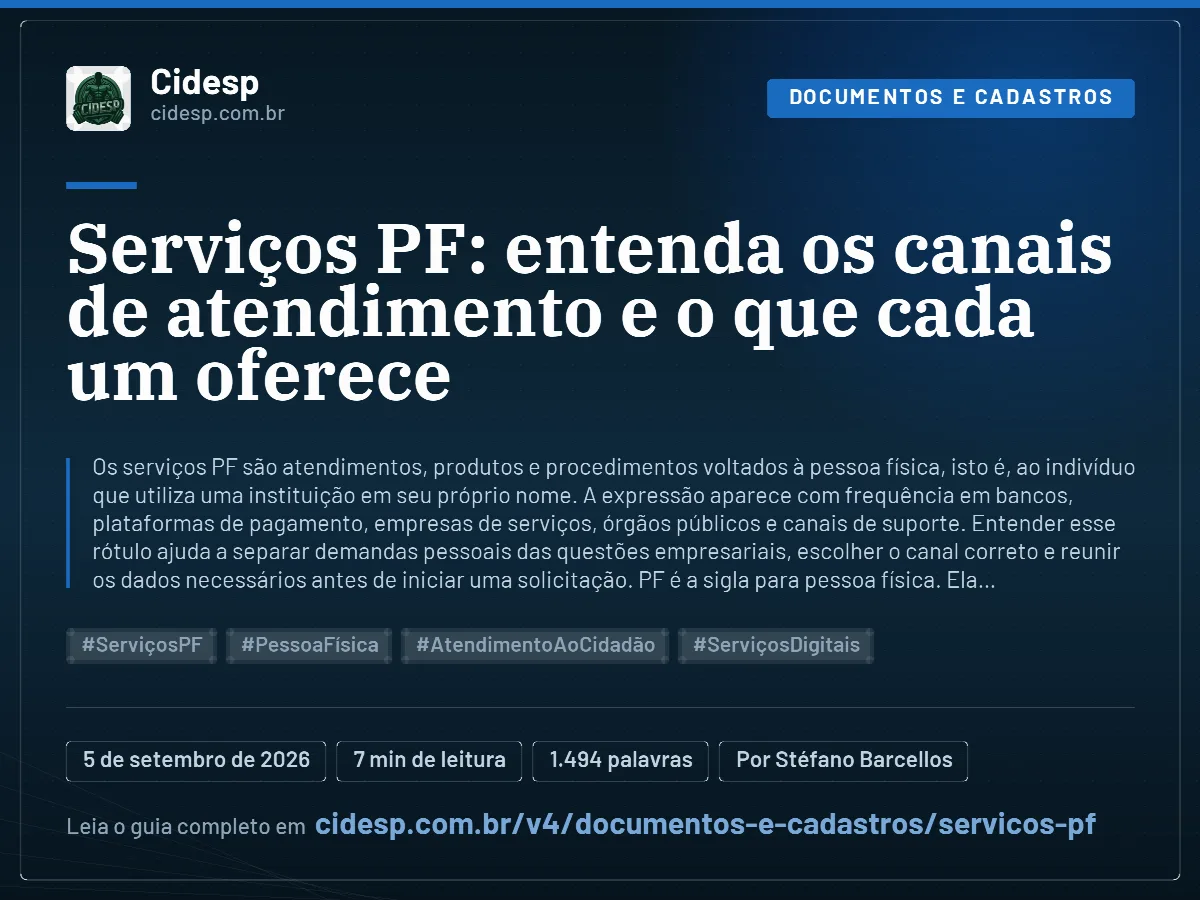 Cartão do artigo “Serviços PF: entenda os canais de atendimento e o que cada um oferece”, com resumo, data de publicação e endereço da página.