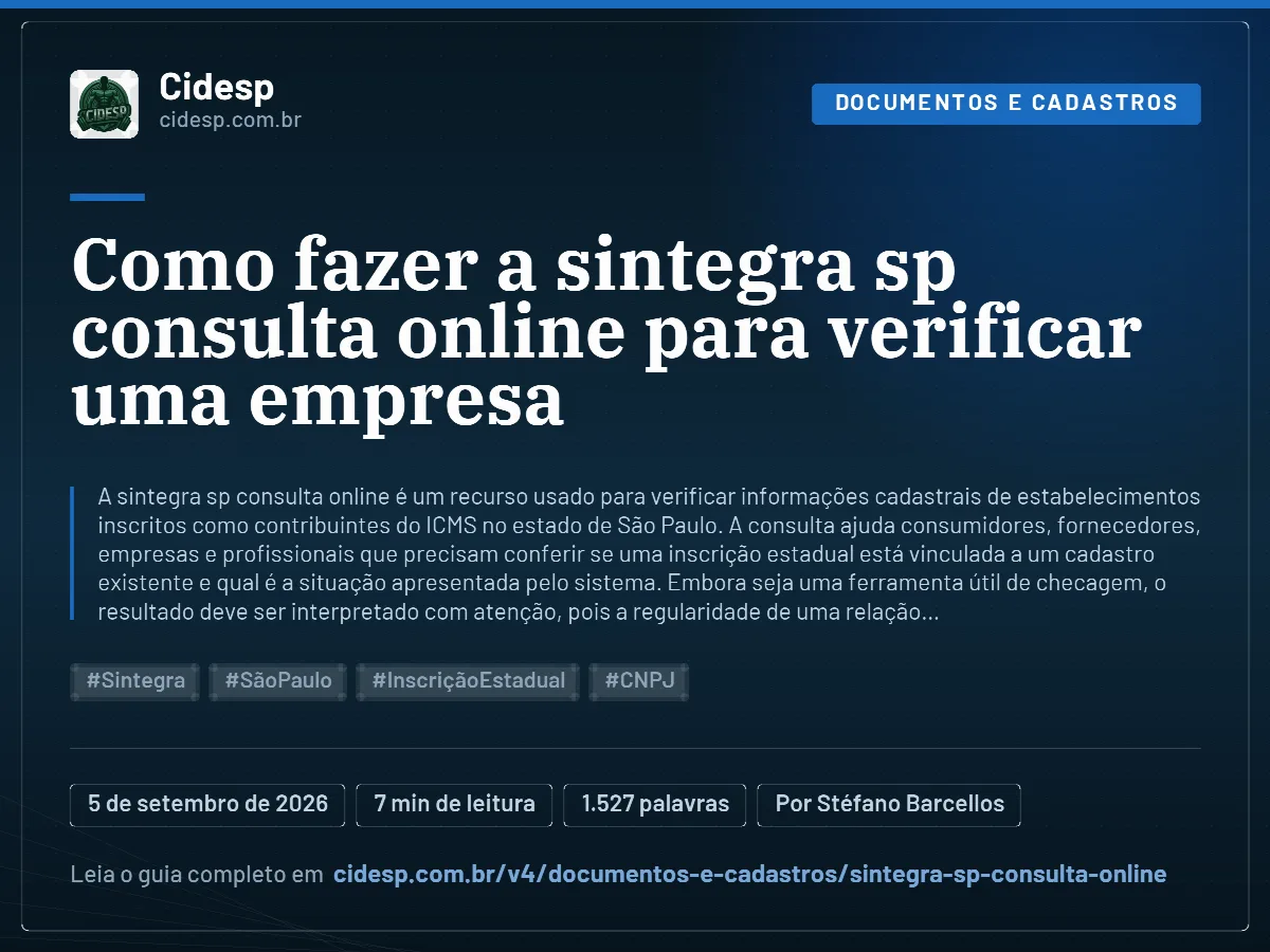 Cartão do artigo “Como fazer a sintegra sp consulta online para verificar uma empresa”, com resumo, data de publicação e endereço da página.