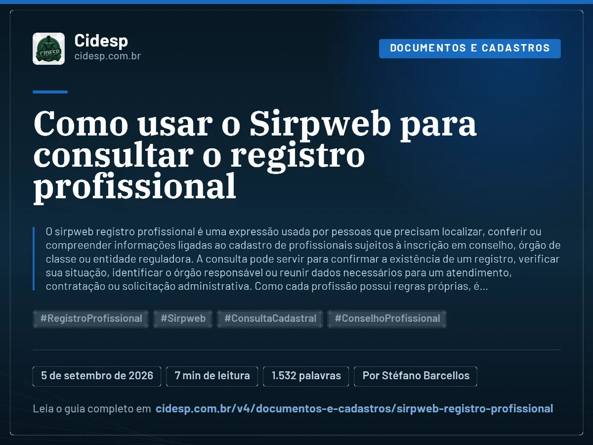 Cartão do artigo “Como usar o Sirpweb para consultar o registro profissional”, com resumo, data de publicação e endereço da página.