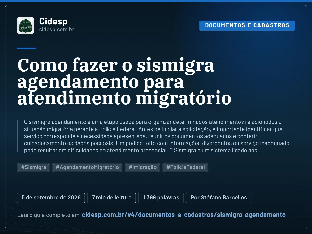 Cartão do artigo “Como fazer o sismigra agendamento para atendimento migratório”, com resumo, data de publicação e endereço da página.