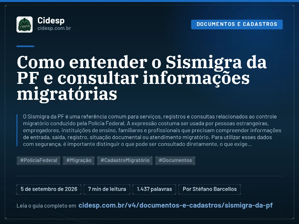 Cartão do artigo “Como entender o Sismigra da PF e consultar informações migratórias”, com resumo, data de publicação e endereço da página.