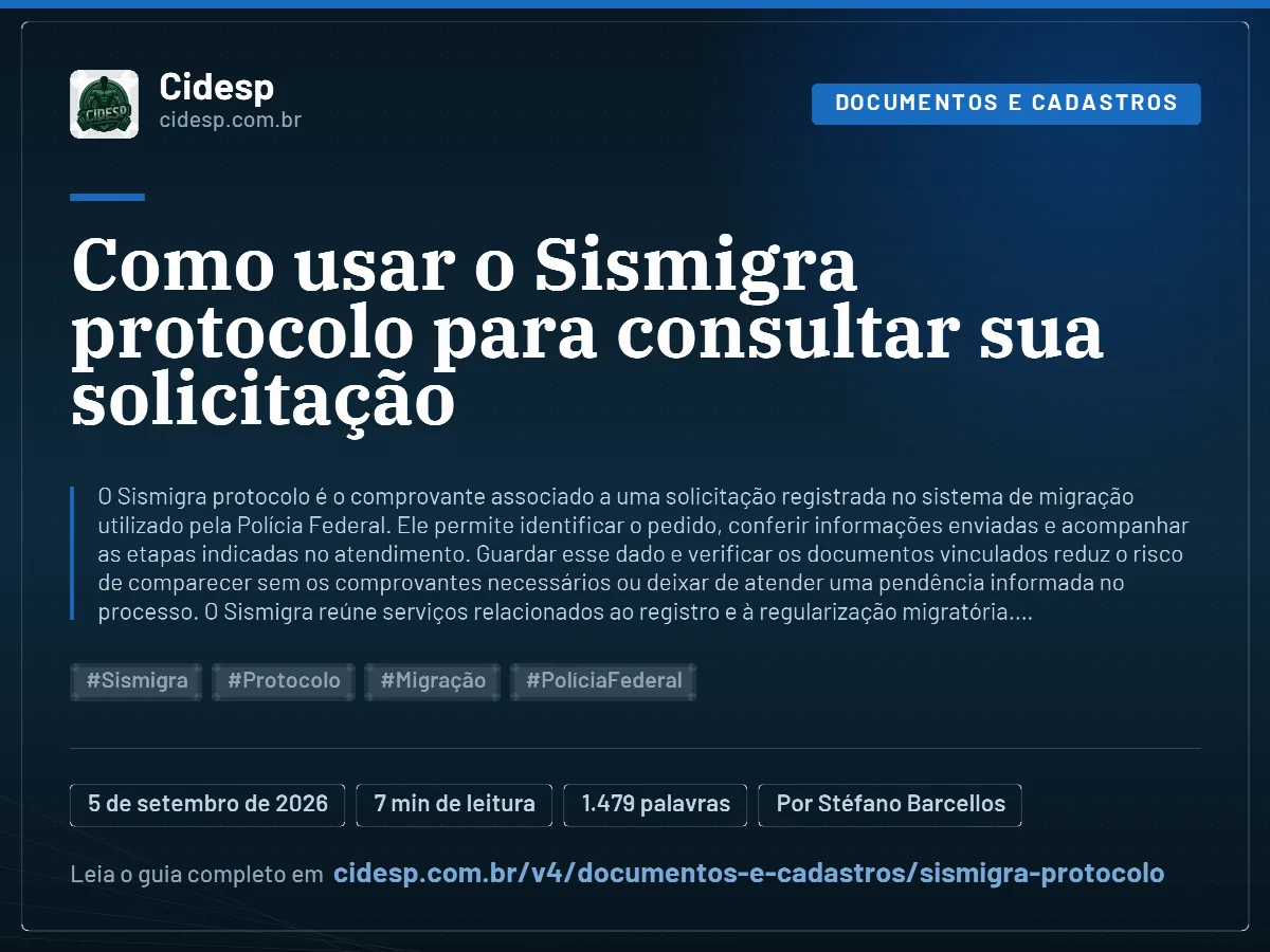 Cartão do artigo “Como usar o Sismigra protocolo para consultar sua solicitação”, com resumo, data de publicação e endereço da página.