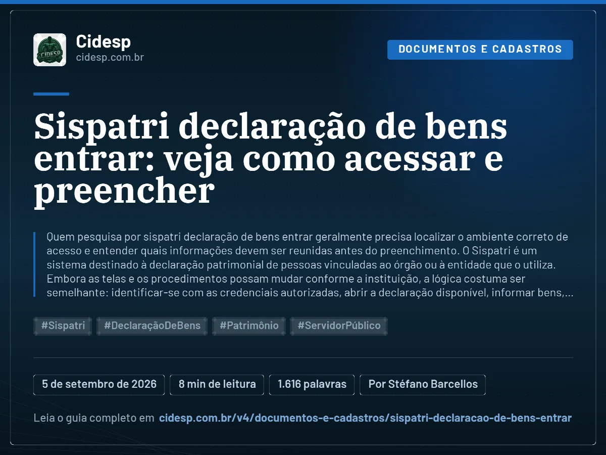 Cartão do artigo “Sispatri declaração de bens entrar: veja como acessar e preencher”, com resumo, data de publicação e endereço da página.