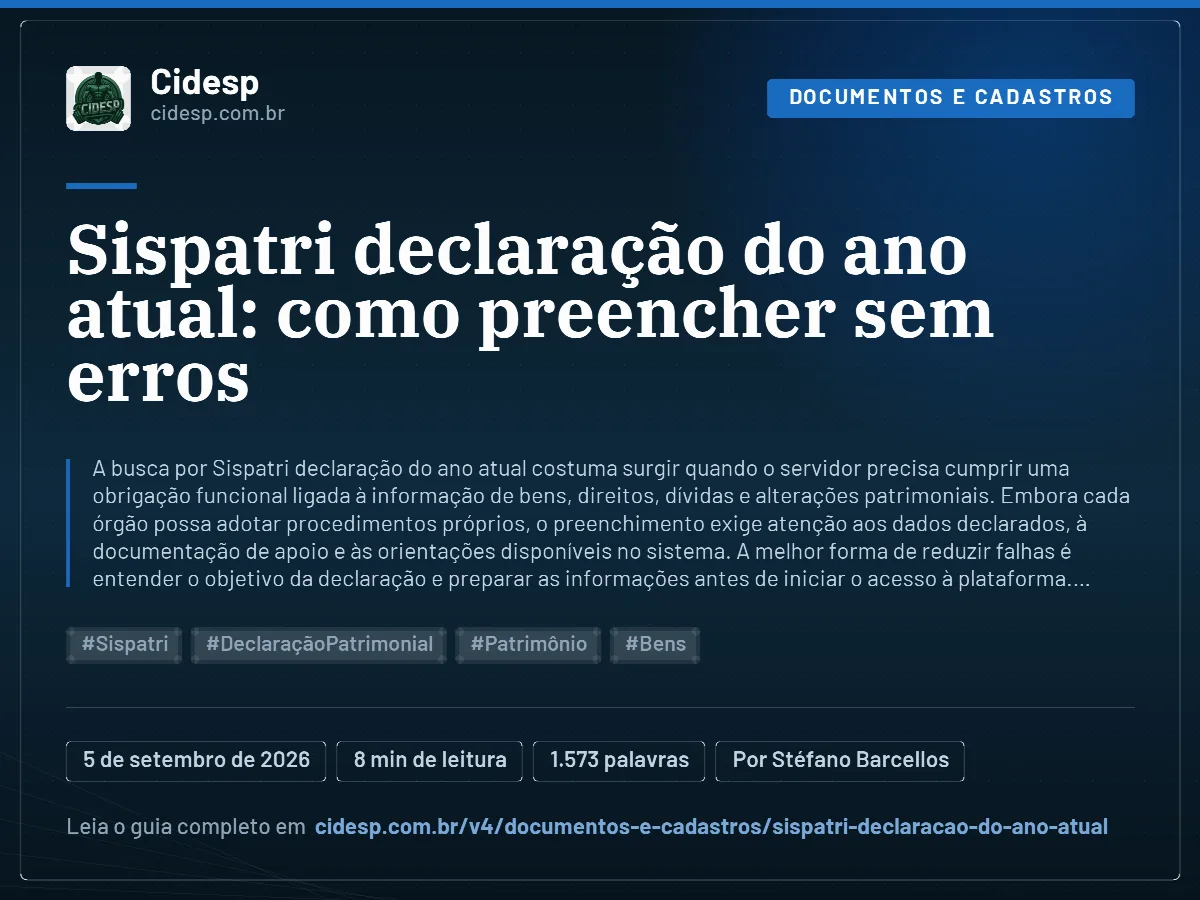 Cartão do artigo “Sispatri declaração do ano atual: como preencher sem erros”, com resumo, data de publicação e endereço da página.