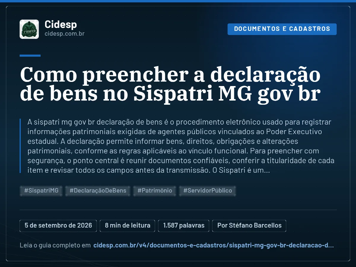 Cartão do artigo “Como preencher a declaração de bens no Sispatri MG gov br”, com resumo, data de publicação e endereço da página.