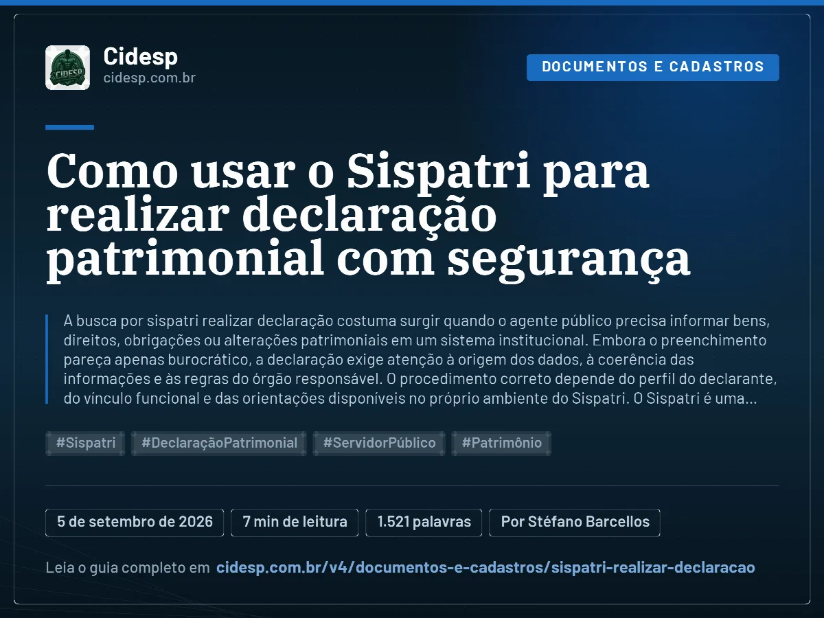 Cartão do artigo “Como usar o Sispatri para realizar declaração patrimonial com segurança”, com resumo, data de publicação e endereço da página.