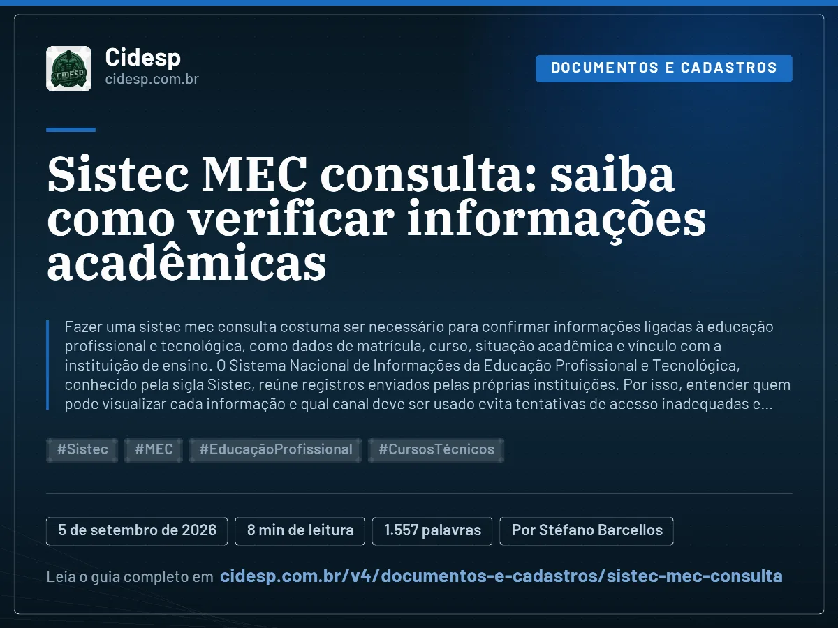 Cartão do artigo “Sistec MEC consulta: saiba como verificar informações acadêmicas”, com resumo, data de publicação e endereço da página.