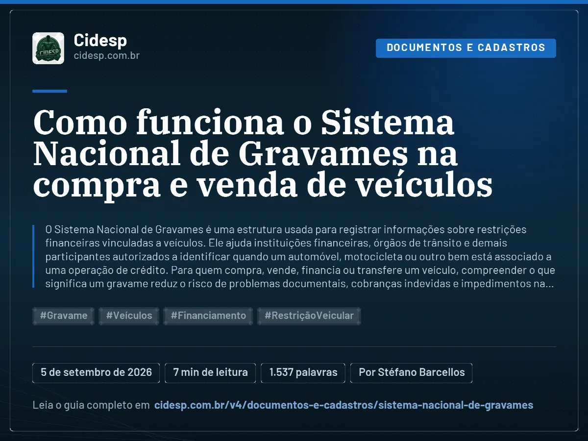 Cartão do artigo “Como funciona o Sistema Nacional de Gravames na compra e venda de veículos”, com resumo, data de publicação e endereço da página.