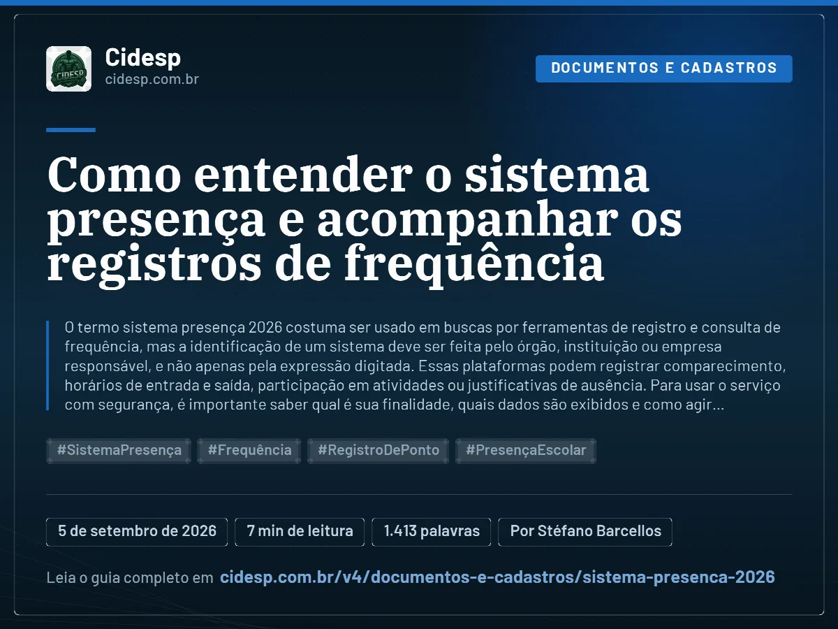 Cartão do artigo “Como entender o sistema presença e acompanhar os registros de frequência”, com resumo, data de publicação e endereço da página.