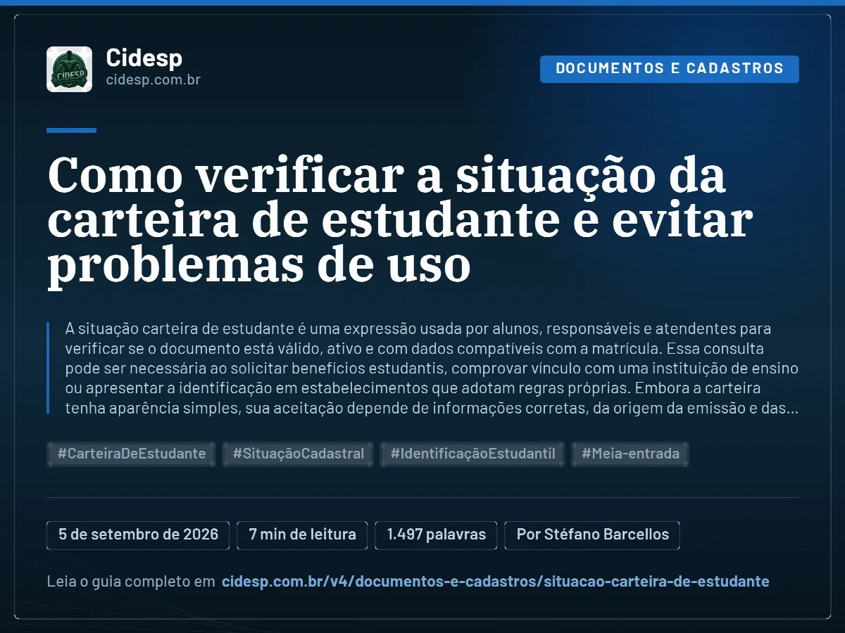 Cartão do artigo “Como verificar a situação da carteira de estudante e evitar problemas de uso”, com resumo, data de publicação e endereço da página.