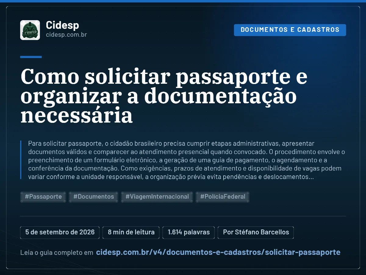 Cartão do artigo “Como solicitar passaporte e organizar a documentação necessária”, com resumo, data de publicação e endereço da página.