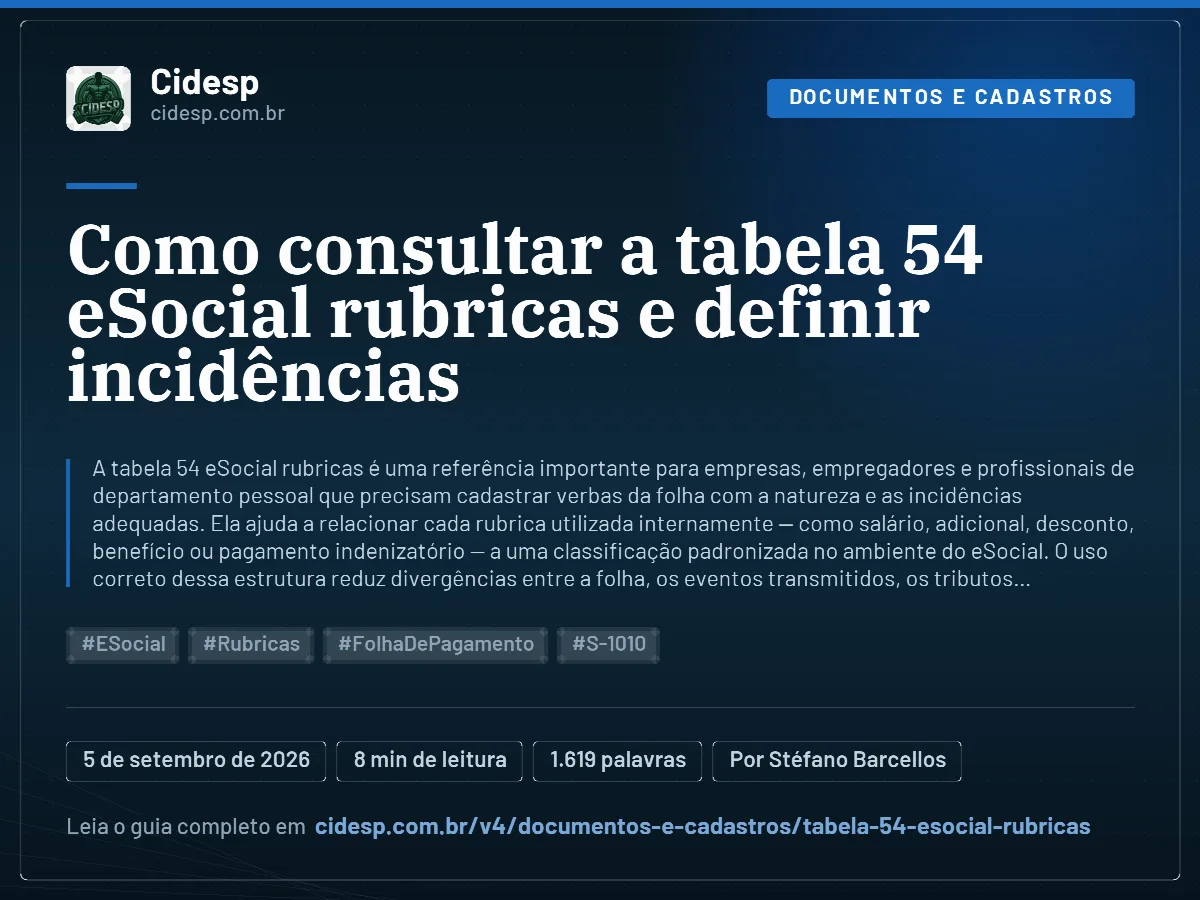 Cartão do artigo “Como consultar a tabela 54 eSocial rubricas e definir incidências”, com resumo, data de publicação e endereço da página.