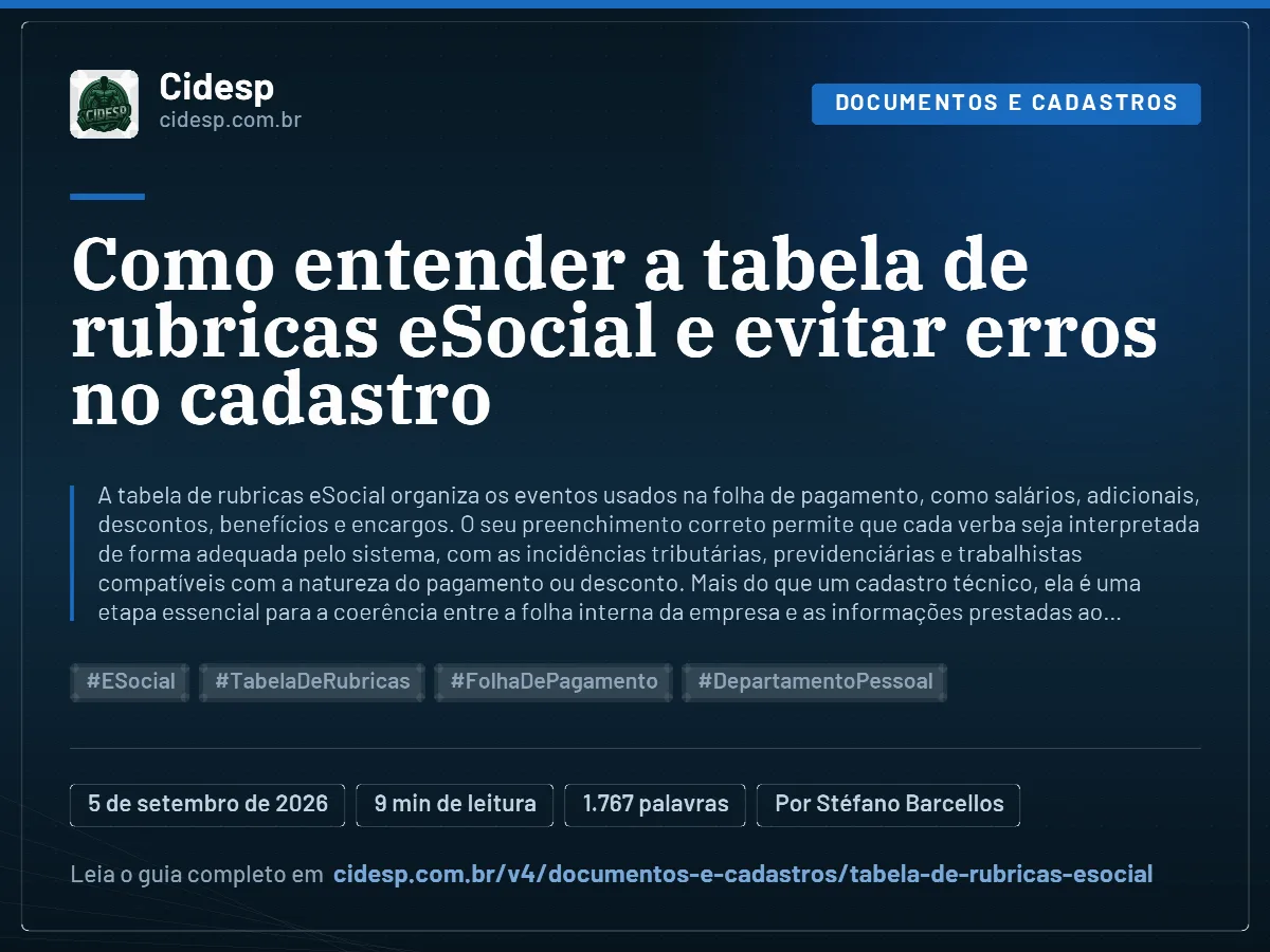 Cartão do artigo “Como entender a tabela de rubricas eSocial e evitar erros no cadastro”, com resumo, data de publicação e endereço da página.