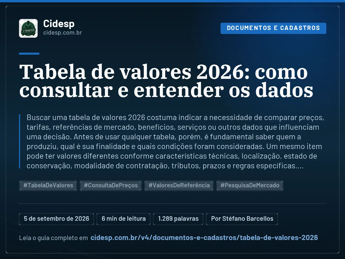 Cartão do artigo “Tabela de valores 2026: como consultar e entender os dados”, com resumo, data de publicação e endereço da página.