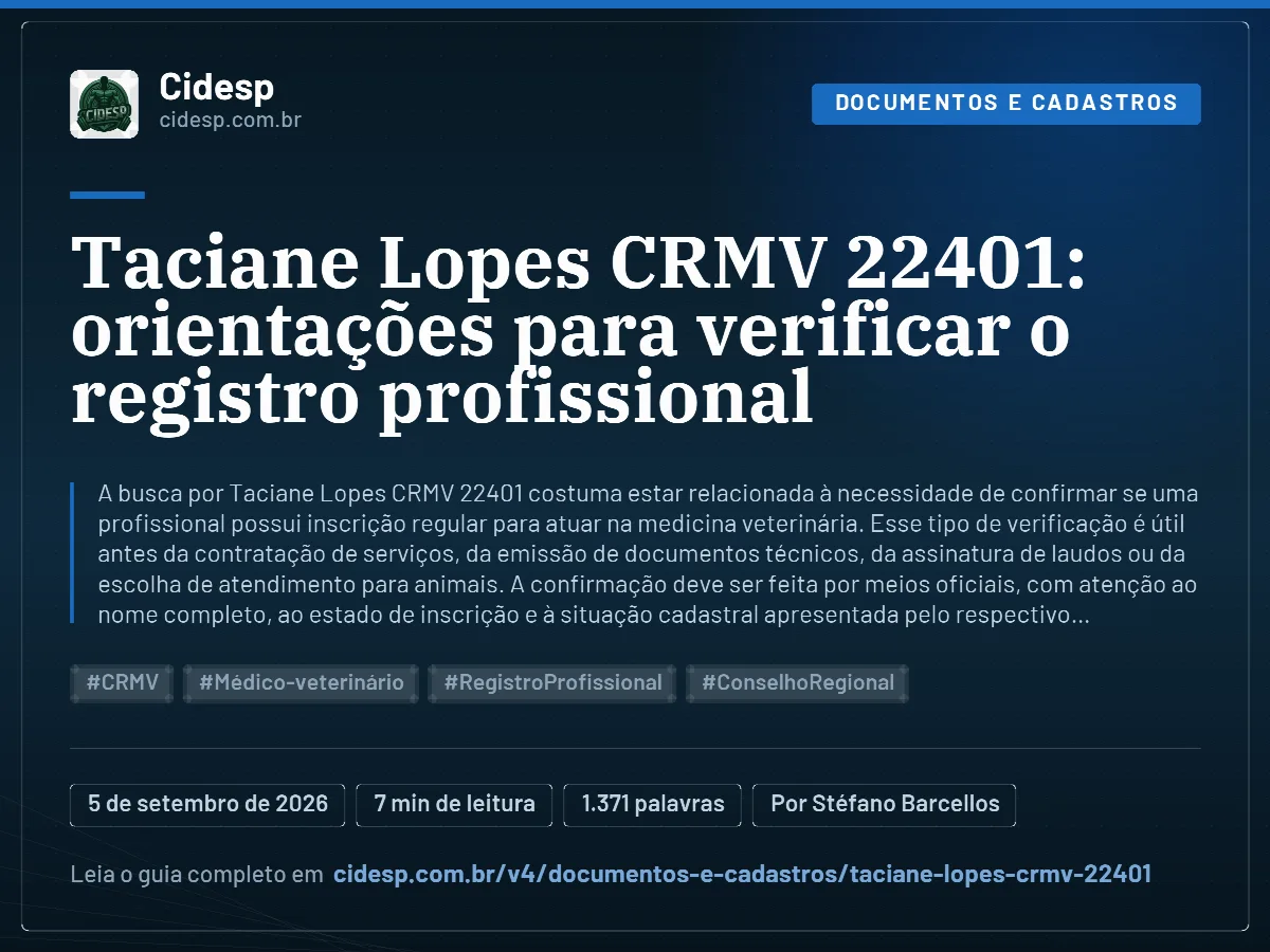 Cartão do artigo “Taciane Lopes CRMV 22401: orientações para verificar o registro profissional”, com resumo, data de publicação e endereço da página.