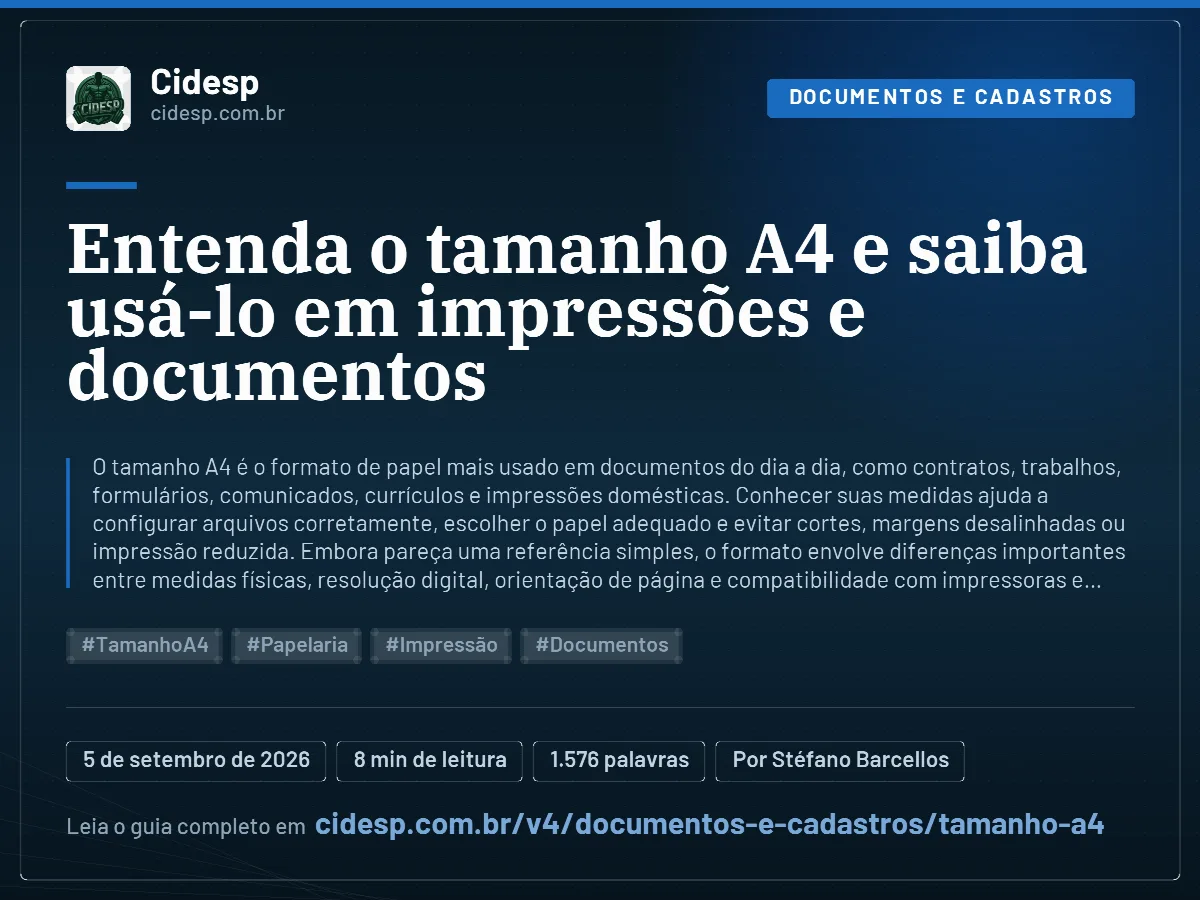 Cartão do artigo “Entenda o tamanho A4 e saiba usá-lo em impressões e documentos”, com resumo, data de publicação e endereço da página.