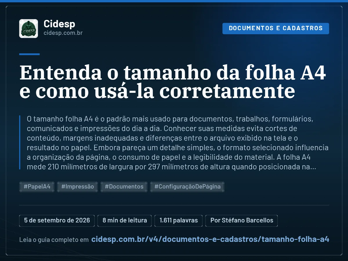 Cartão do artigo “Entenda o tamanho da folha A4 e como usá-la corretamente”, com resumo, data de publicação e endereço da página.