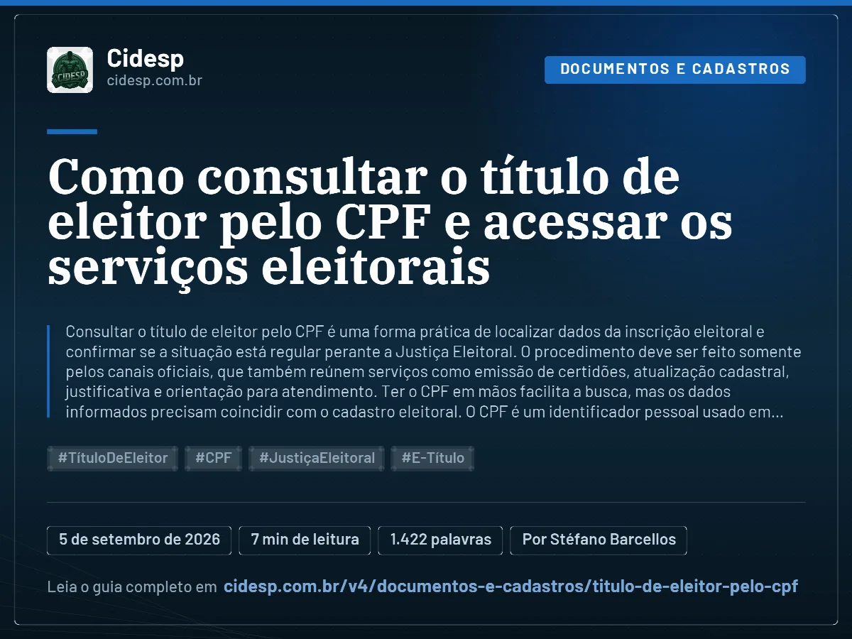 Cartão do artigo “Como consultar o título de eleitor pelo CPF e acessar os serviços eleitorais”, com resumo, data de publicação e endereço da página.