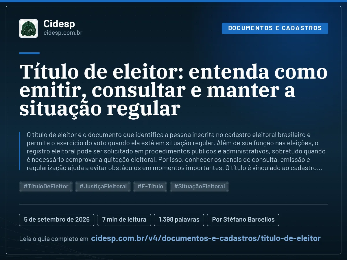 Cartão do artigo “Título de eleitor: entenda como emitir, consultar e manter a situação regular”, com resumo, data de publicação e endereço da página.