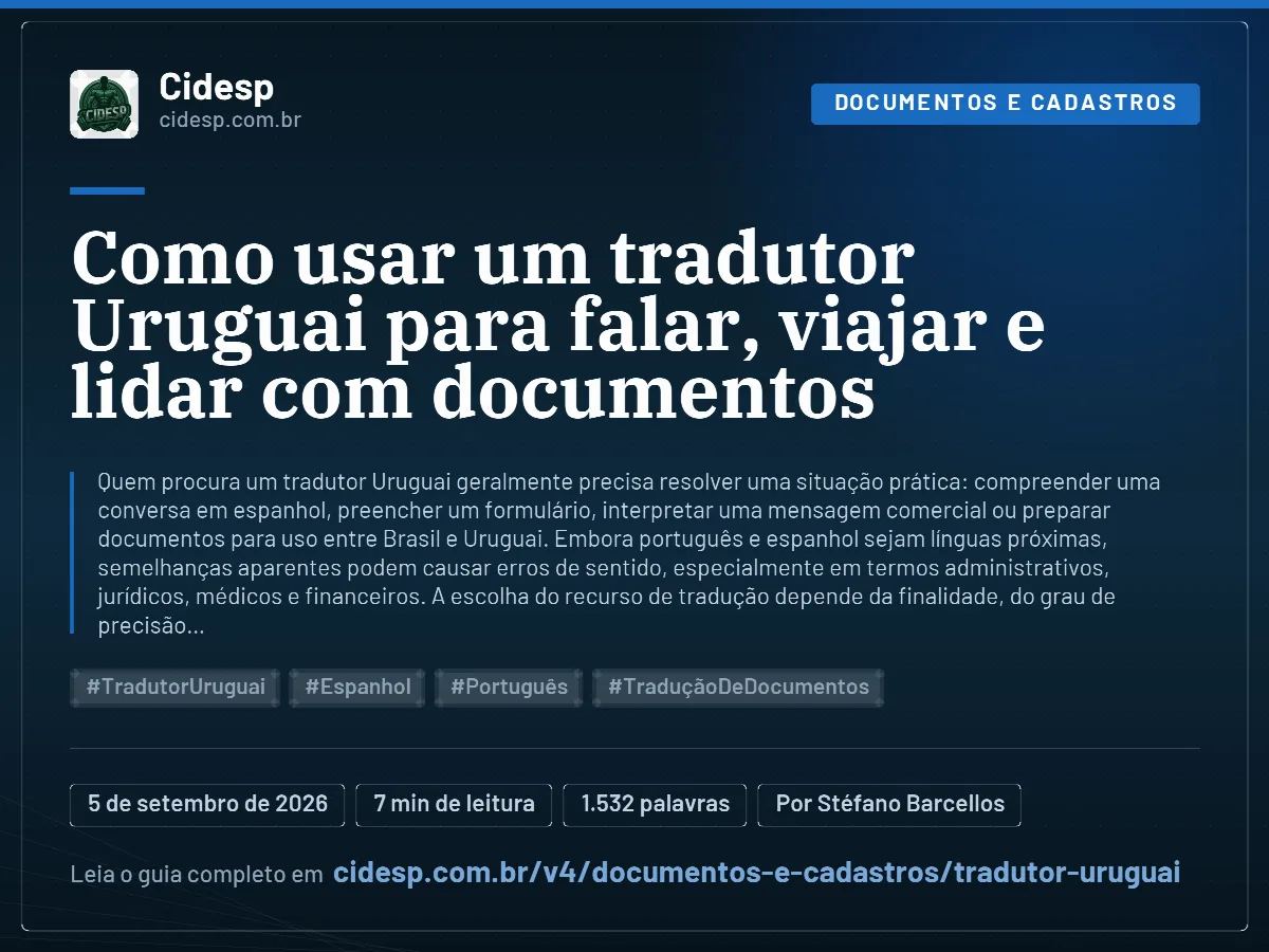 Cartão do artigo “Como usar um tradutor Uruguai para falar, viajar e lidar com documentos”, com resumo, data de publicação e endereço da página.