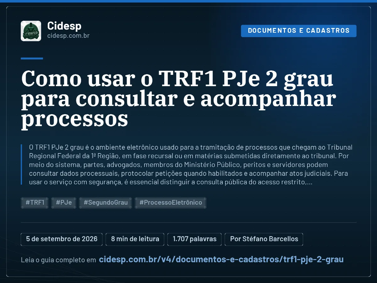 Cartão do artigo “Como usar o TRF1 PJe 2 grau para consultar e acompanhar processos”, com resumo, data de publicação e endereço da página.