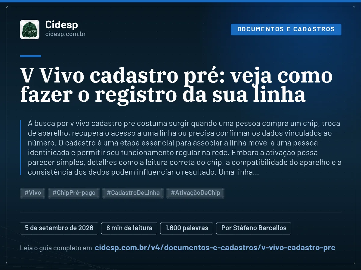 Cartão do artigo “V Vivo cadastro pré: veja como fazer o registro da sua linha”, com resumo, data de publicação e endereço da página.