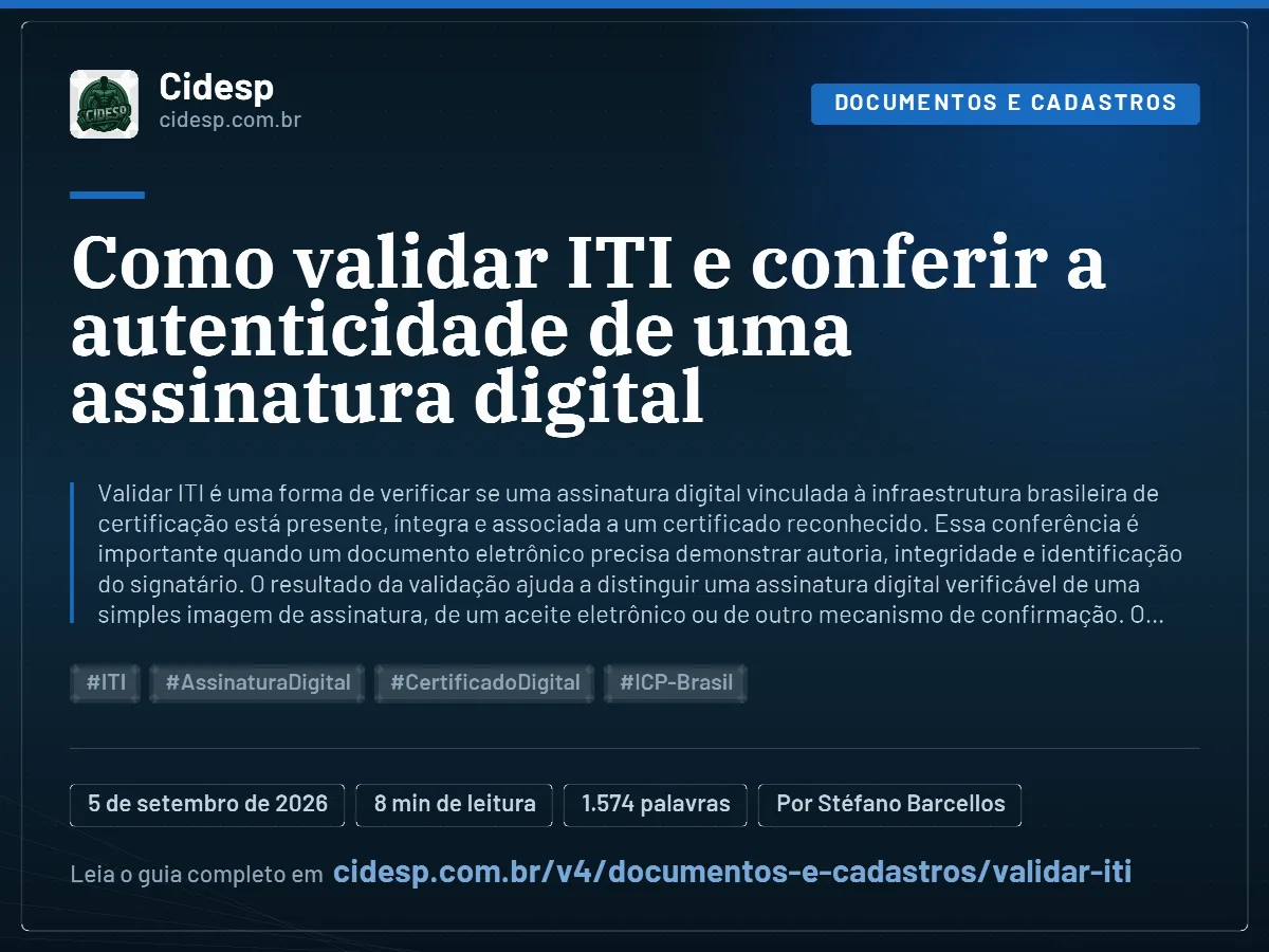 Cartão do artigo “Como validar ITI e conferir a autenticidade de uma assinatura digital”, com resumo, data de publicação e endereço da página.
