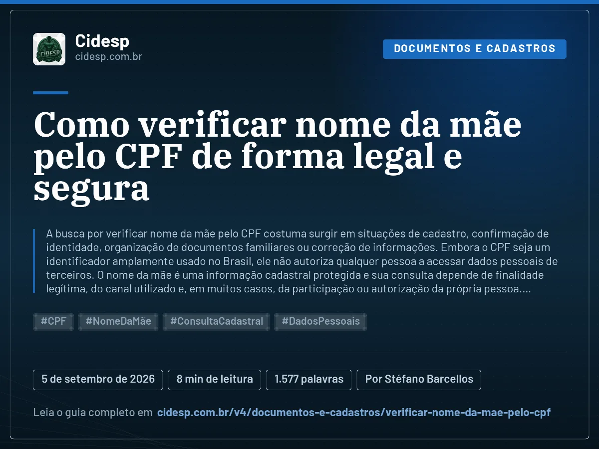 Cartão do artigo “Como verificar nome da mãe pelo CPF de forma legal e segura”, com resumo, data de publicação e endereço da página.