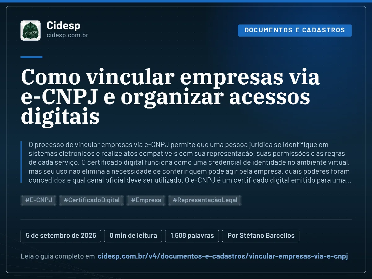 Cartão do artigo “Como vincular empresas via e-CNPJ e organizar acessos digitais”, com resumo, data de publicação e endereço da página.
