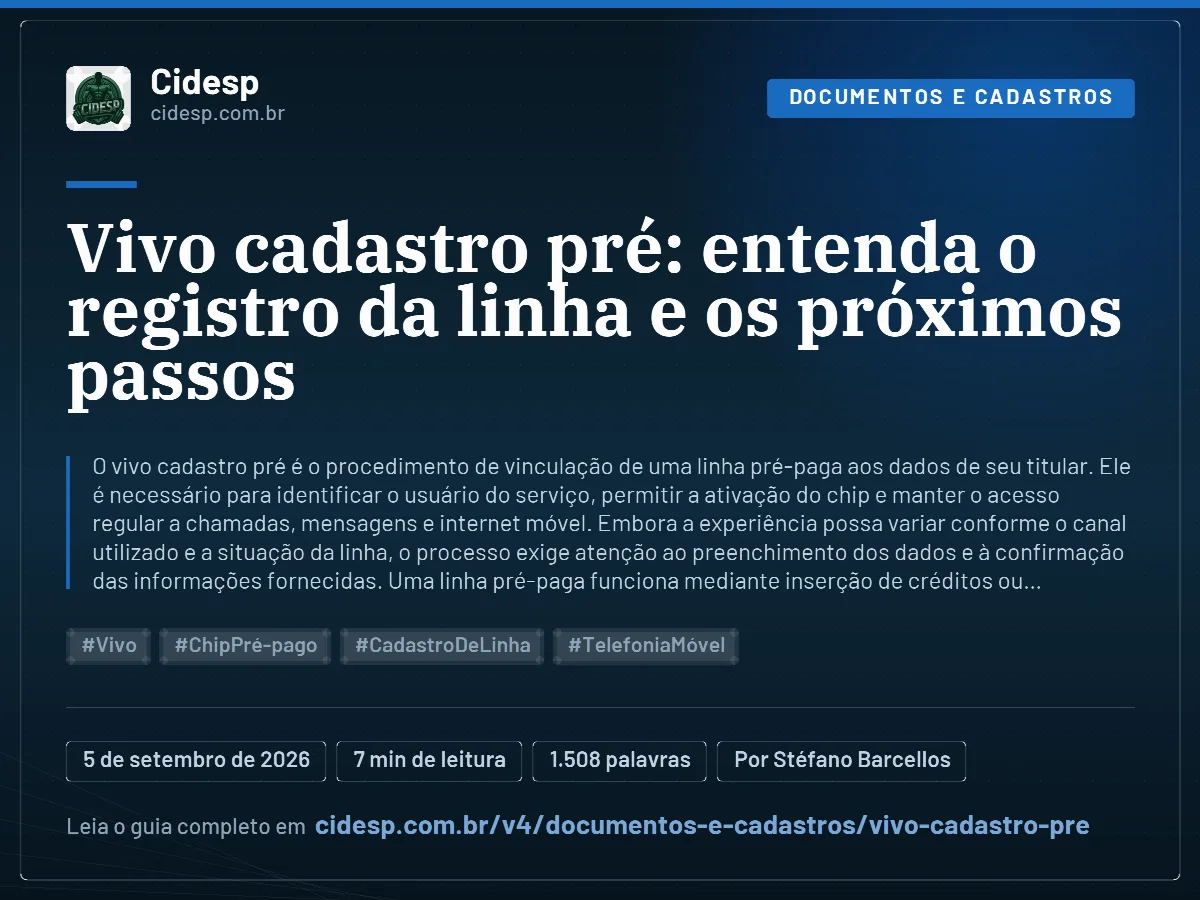 Cartão do artigo “Vivo cadastro pré: entenda o registro da linha e os próximos passos”, com resumo, data de publicação e endereço da página.