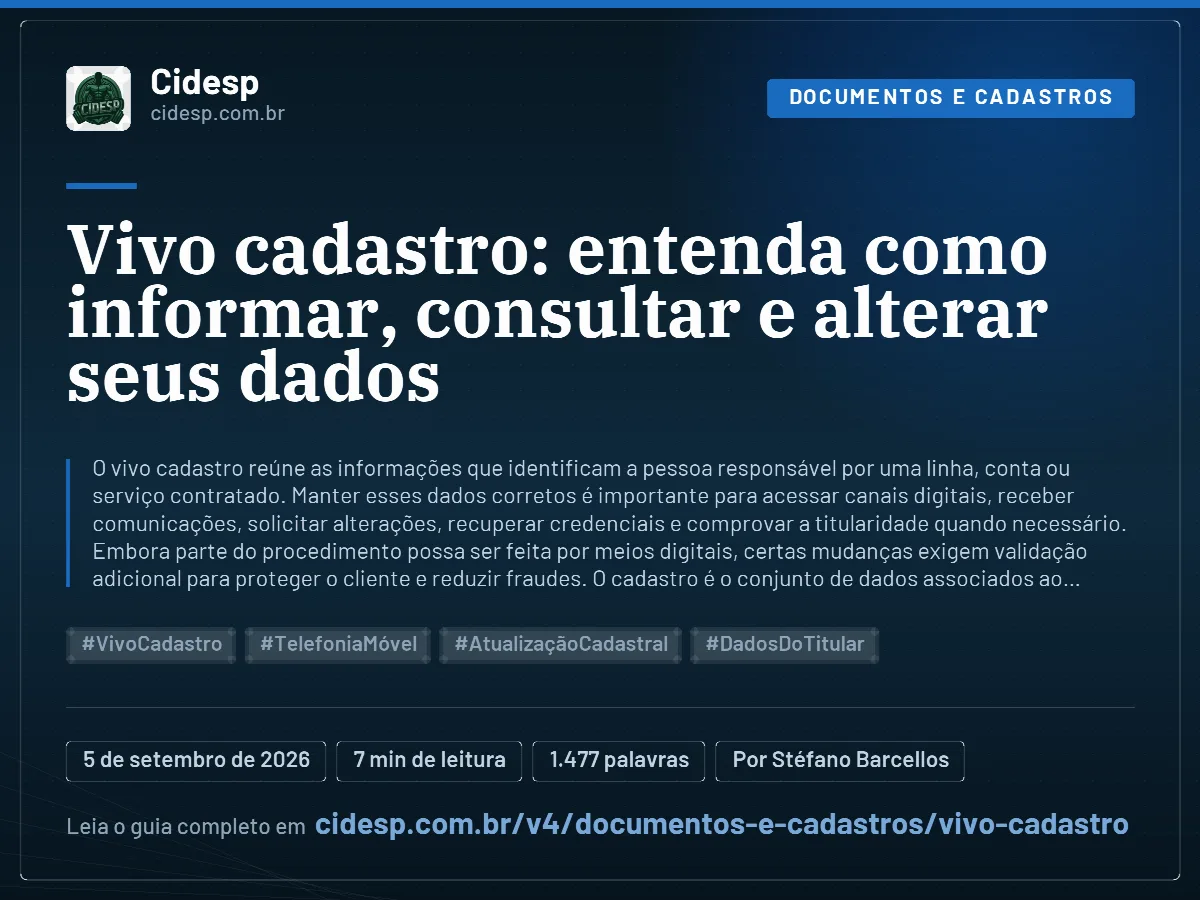 Cartão do artigo “Vivo cadastro: entenda como informar, consultar e alterar seus dados”, com resumo, data de publicação e endereço da página.