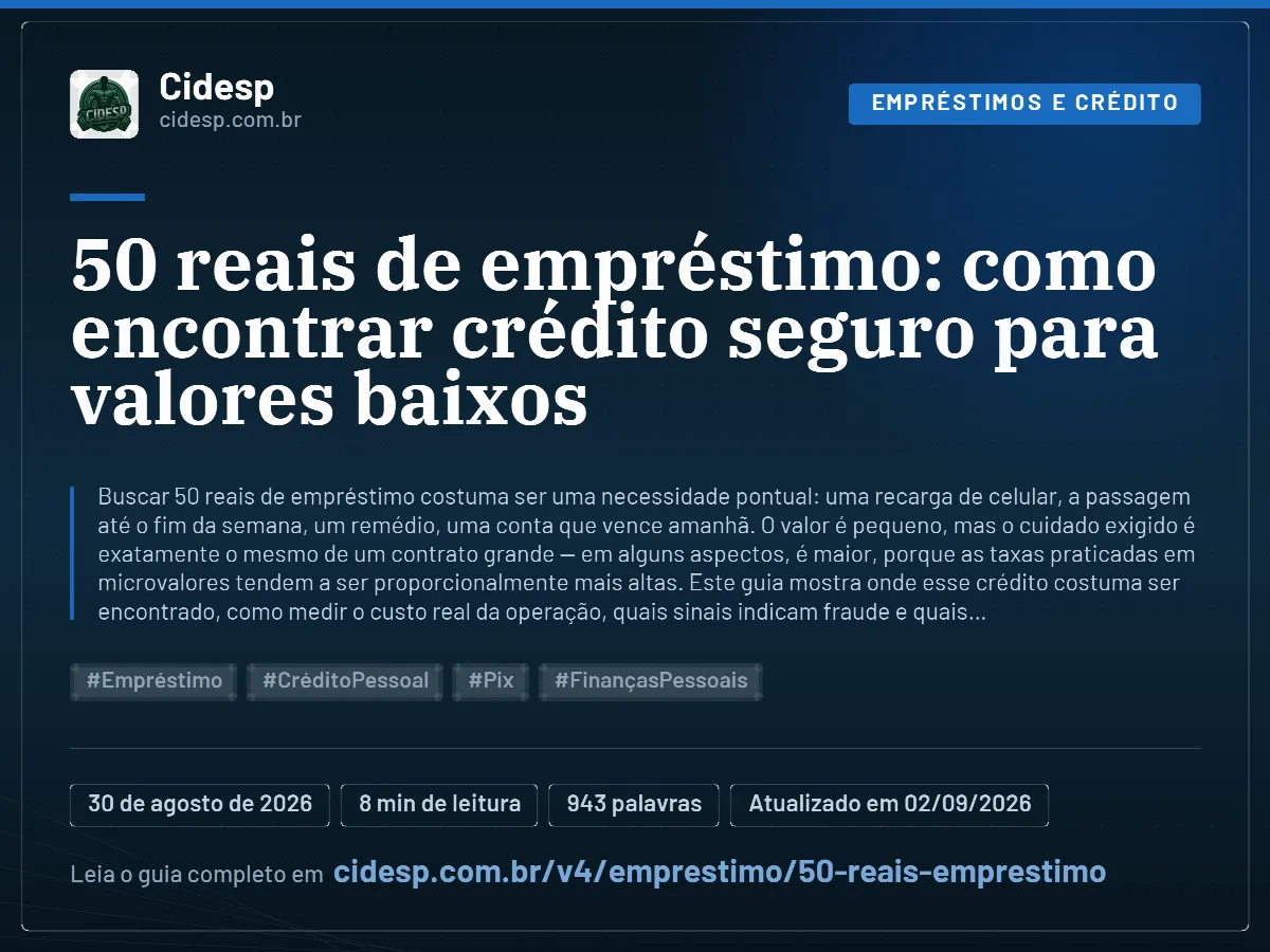 Cartão do artigo “50 reais de empréstimo: como encontrar crédito seguro para valores baixos”, com resumo, data de publicação e endereço da página.