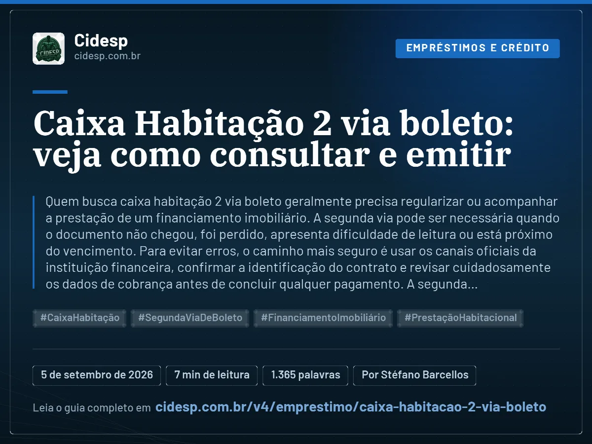 Cartão do artigo “Caixa Habitação 2 via boleto: veja como consultar e emitir”, com resumo, data de publicação e endereço da página.