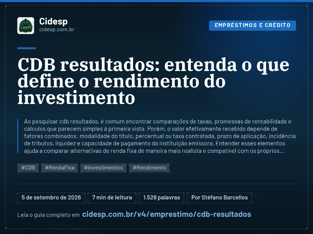 Cartão do artigo “CDB resultados: entenda o que define o rendimento do investimento”, com resumo, data de publicação e endereço da página.