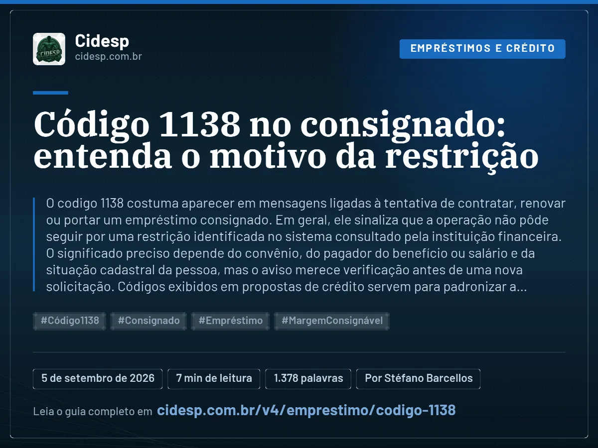 Cartão do artigo “Código 1138 no consignado: entenda o motivo da restrição”, com resumo, data de publicação e endereço da página.