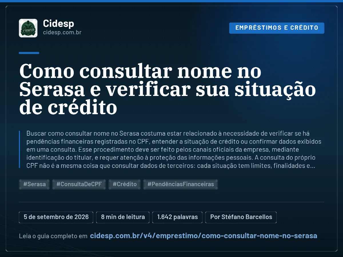 Cartão do artigo “Como consultar nome no Serasa e verificar sua situação de crédito”, com resumo, data de publicação e endereço da página.