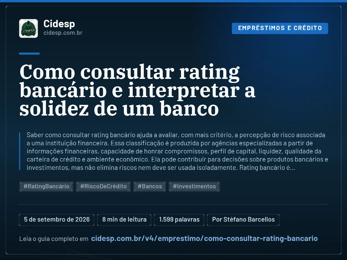Cartão do artigo “Como consultar rating bancário e interpretar a solidez de um banco”, com resumo, data de publicação e endereço da página.