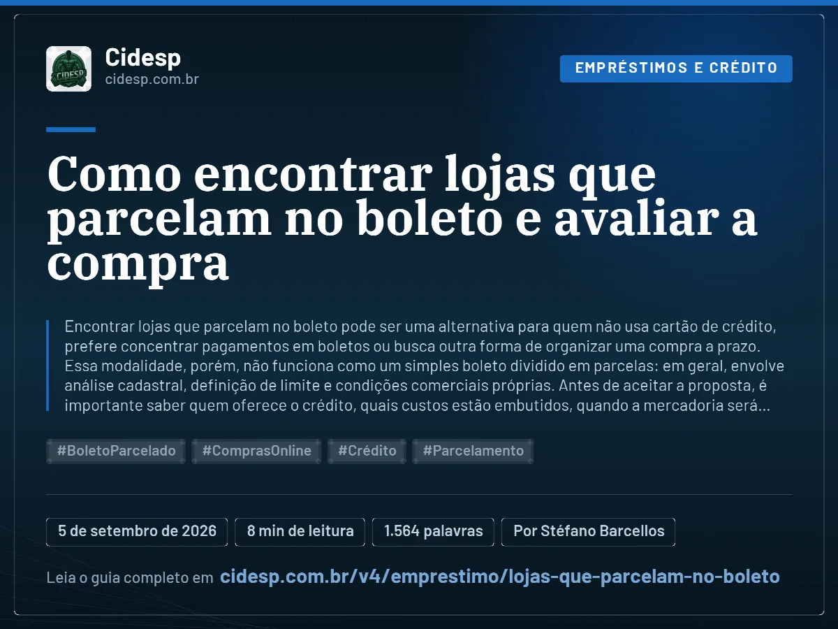 Cartão do artigo “Como encontrar lojas que parcelam no boleto e avaliar a compra”, com resumo, data de publicação e endereço da página.