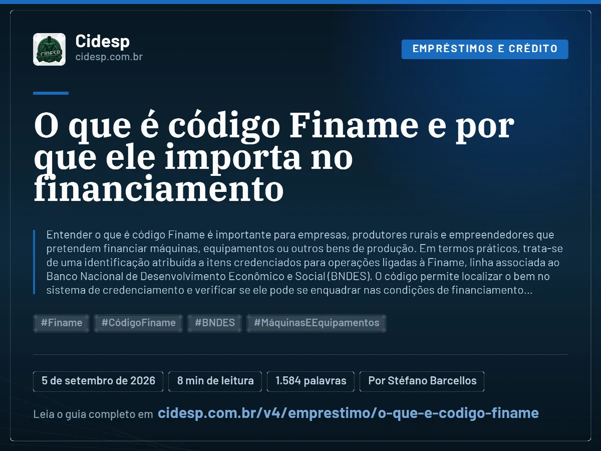 Cartão do artigo “O que é código Finame e por que ele importa no financiamento”, com resumo, data de publicação e endereço da página.