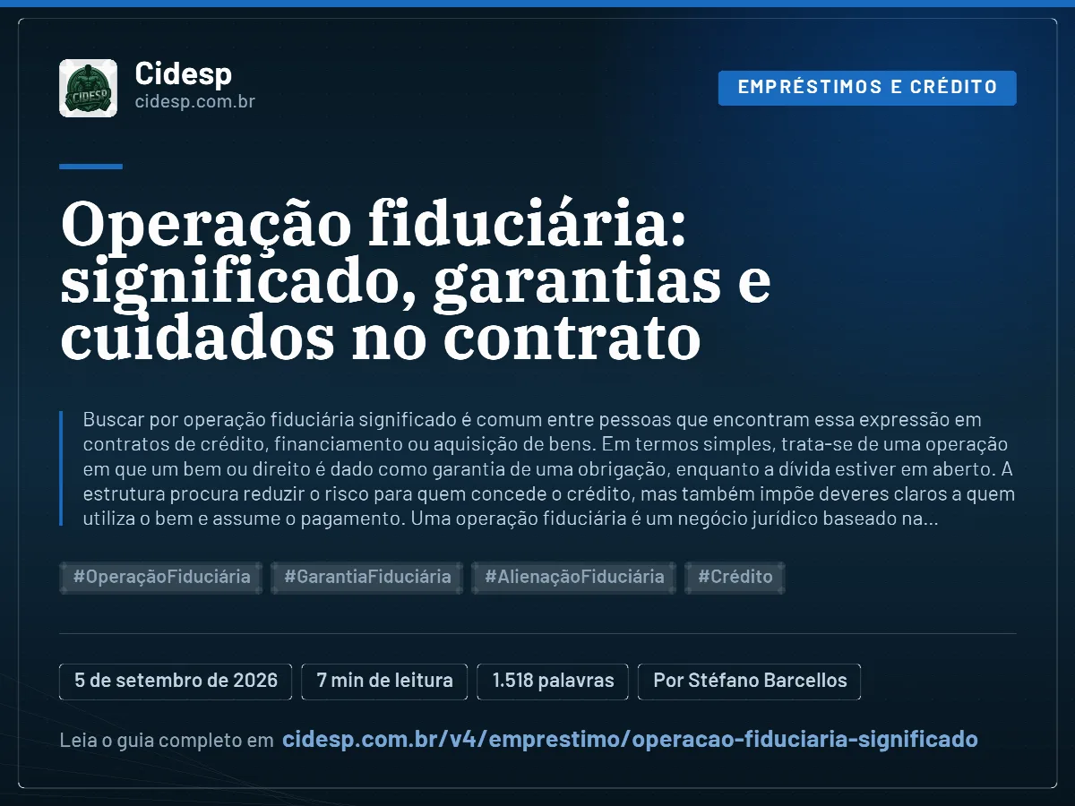 Cartão do artigo “Operação fiduciária: significado, garantias e cuidados no contrato”, com resumo, data de publicação e endereço da página.