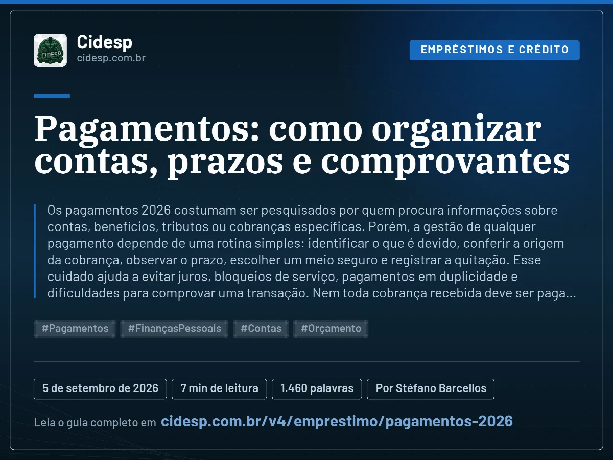 Cartão do artigo “Pagamentos: como organizar contas, prazos e comprovantes”, com resumo, data de publicação e endereço da página.