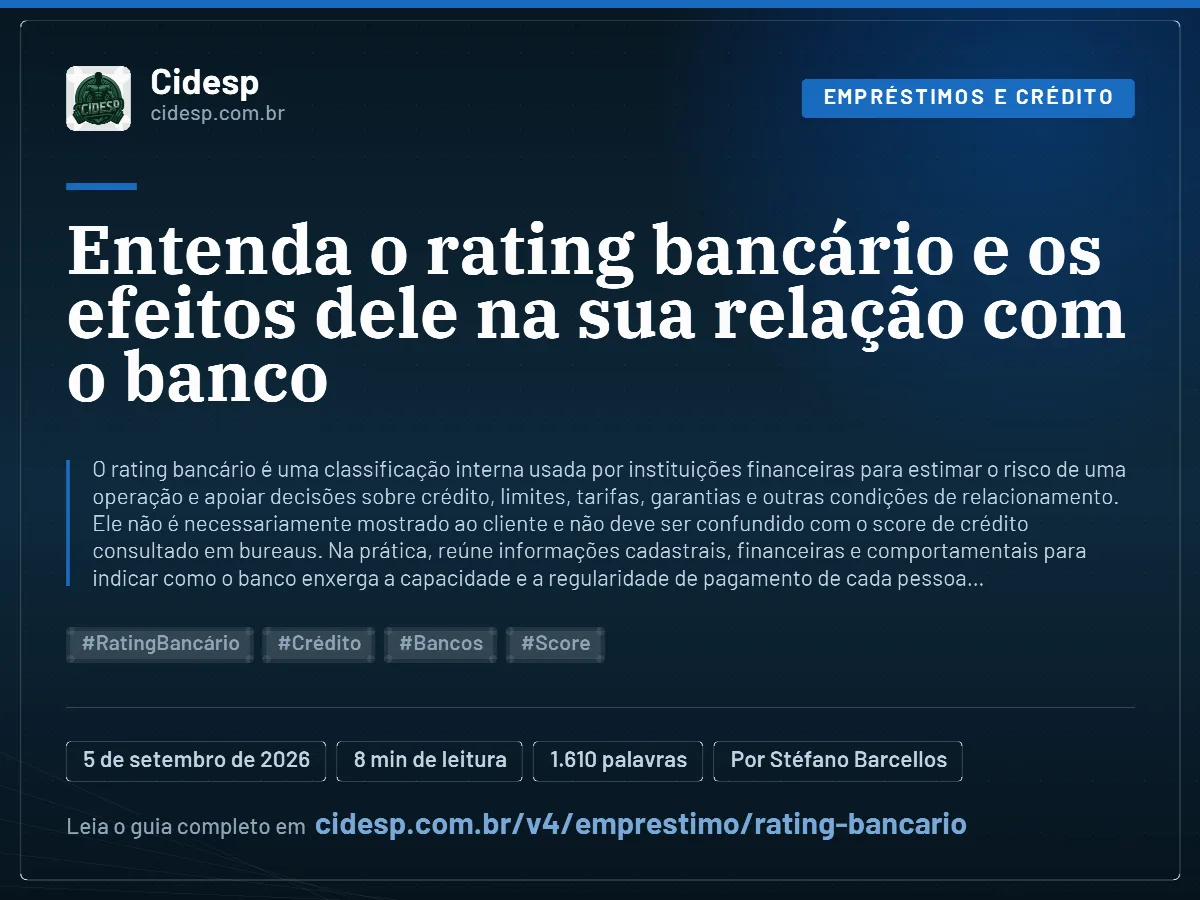 Cartão do artigo “Entenda o rating bancário e os efeitos dele na sua relação com o banco”, com resumo, data de publicação e endereço da página.