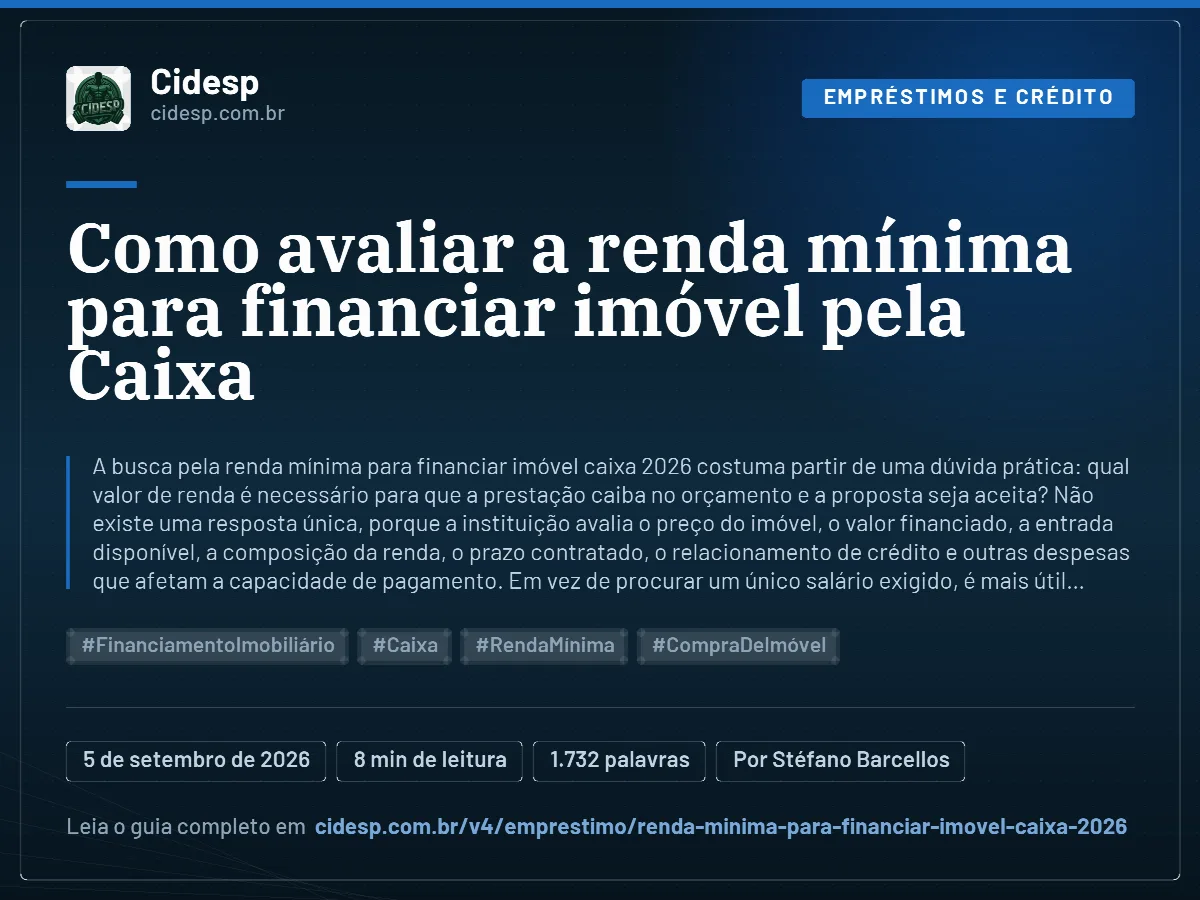 Cartão do artigo “Como avaliar a renda mínima para financiar imóvel pela Caixa”, com resumo, data de publicação e endereço da página.